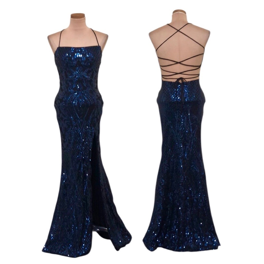 Windsor Formal Maxi Dress Size Small Blue Black Sequin Corset Lace Up Back Gown